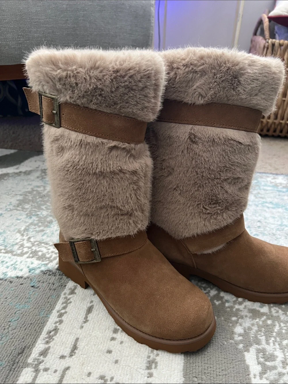 BearPaw Taupe Faux-Fur Suede Buckle Mid-Calf Boots